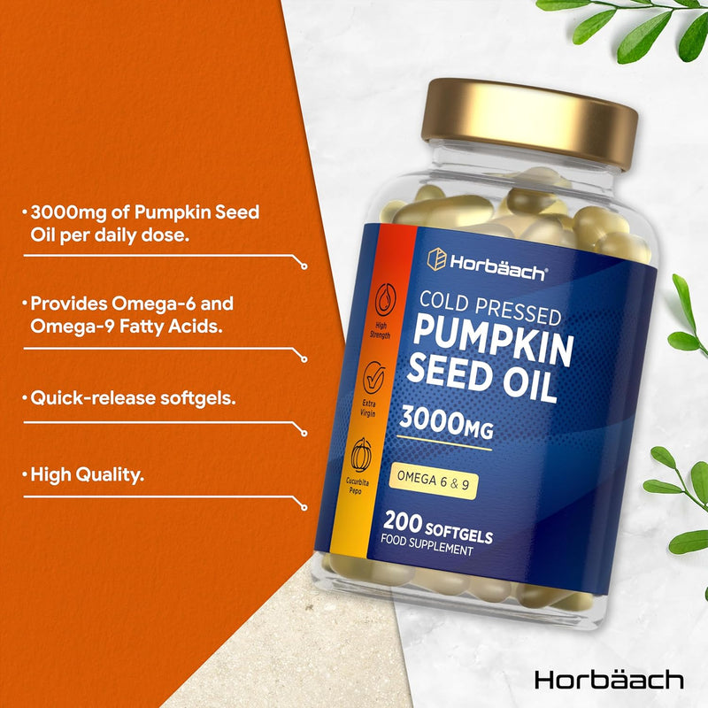 Pumpkin Seed Oil 2000mg | 200 Softgel Capsules | Cold Pressed | Supports Prostate & Urinary Health | Natural Source of Essential Fatty Acids | Non-GMO, Gluten Free | No Artificial Preservatives