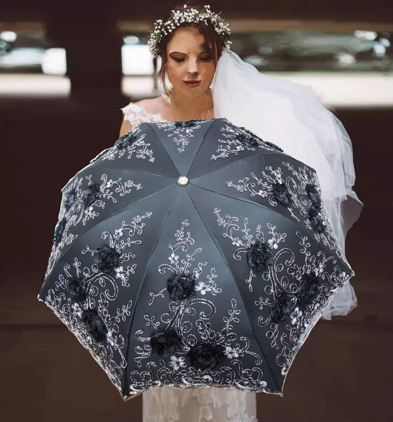WENDIN Vintage Foldable Lace Parasol Gothic Umbrella rain Anti-uv Protection parasol sunblock umbrella dome Photo Props girls women lace umbrellas 3D flower Black