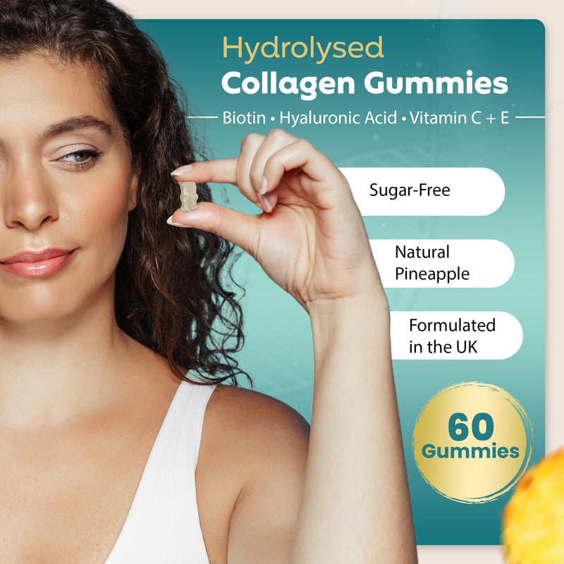 Hydrolysed Collagen Gummies with Biotin + Oral Hyaluronic Acid | Highly Absorbable with Vitamin C+E | 60 Sugar Free Natural Pineapple Flavoured Gummies