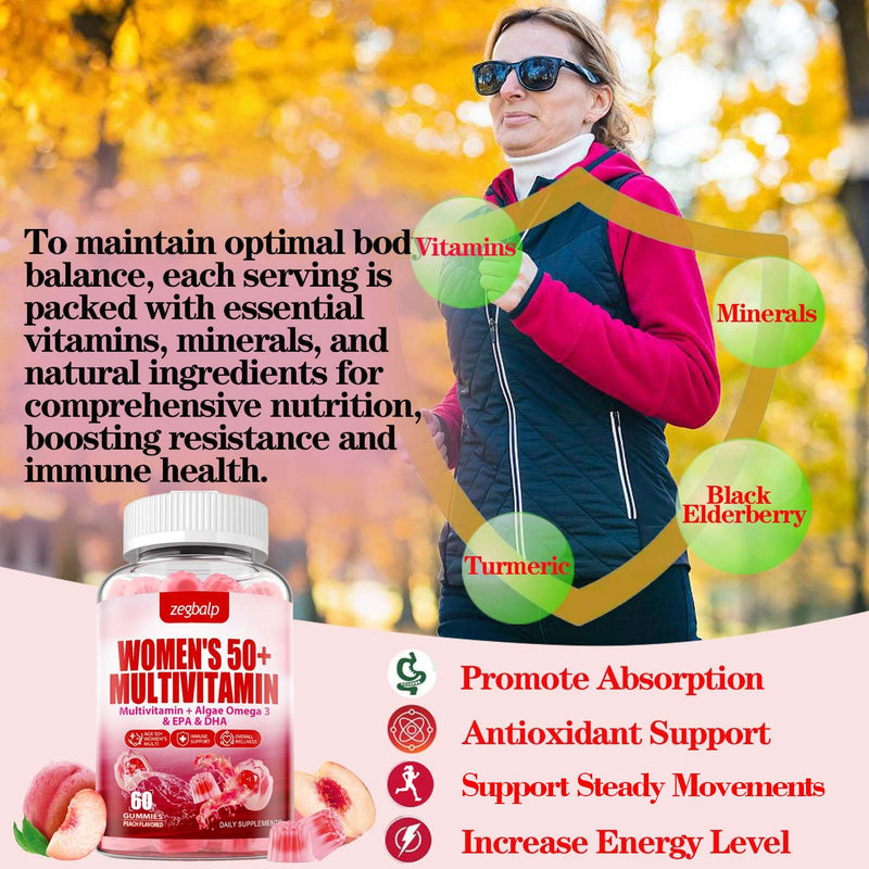 Womens Multivitamin 50 Plus Gummies - Methylated Multivitamins Gummy | with Vitamin A C D3 E K2, B Complex, Calcium, Magnesium, Zinc, Folate, Biotin - Multi Vitamins & Minerals - Sugar-Free Peach 60 Count (Pack of 1)