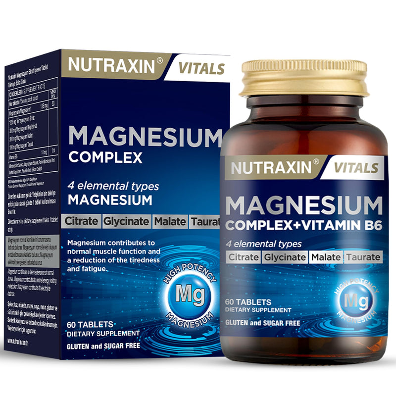 Nutraxin 4-in-1 Magnesium Complex (125g Elemental) + Vitamin B6 for Energy, Muscle Function, Bone & Fatigue - 60 Tablets with Magnesium Citrate, Bisglycinate, Malate & Taurate - Vegetarian Formula Magnesium Complex + Vitamin B6