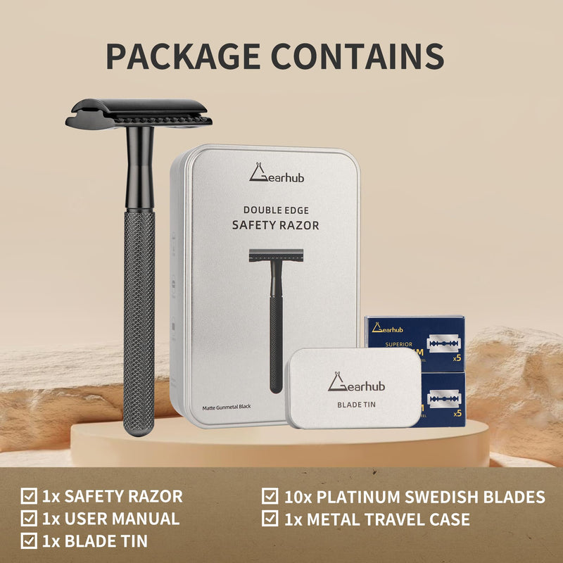 [Australia] - Gearhub Double Edge Safety Razor Stainless Steel Metal Reusable Wet Shaving Razor with 10 Swedish Platinum Blades for Men Women Barber Bikini Armpit Hair, Matte Gunmetal Black GRB3G 