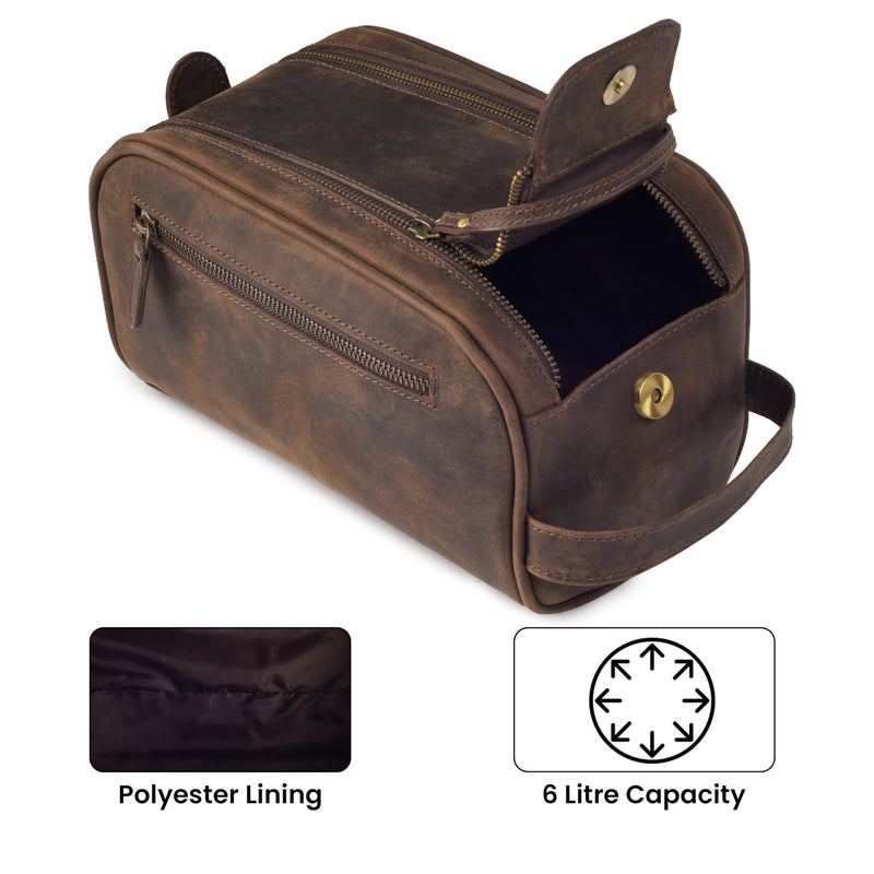 Genuine Leather Toiletry Bag for Men - Rustic Classic Vintage Handcrafted Full-Grain Leather Travel Dopp Kit with Waterproof Lining & Handle, Shaving & Grooming Kit Organizer Pouch - Rustic Brown