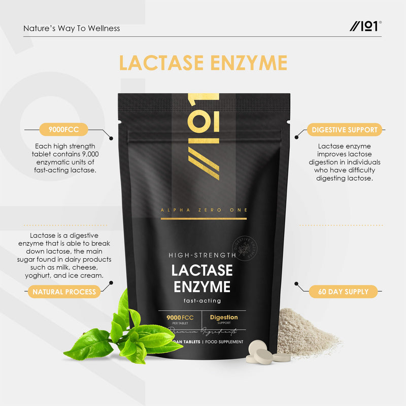 Lactase Tablets 9000 FCC (per Tablet) – 60 Count - Digestive Enzyme Helps Digest Lactose in Milk & Dairy – Support for Lactose Intolerance – by Alpha01