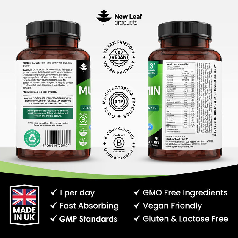 Multivitamin & Minerals 23 Essential Active Vegan High Strength Multivitamin Tablets for Women & Men with Iron A-Z Complete Daily Vegan Vitamins Gluten Free GMO Free (3 Month Supply) UK Made New Leaf 90 count (Pack of 1)