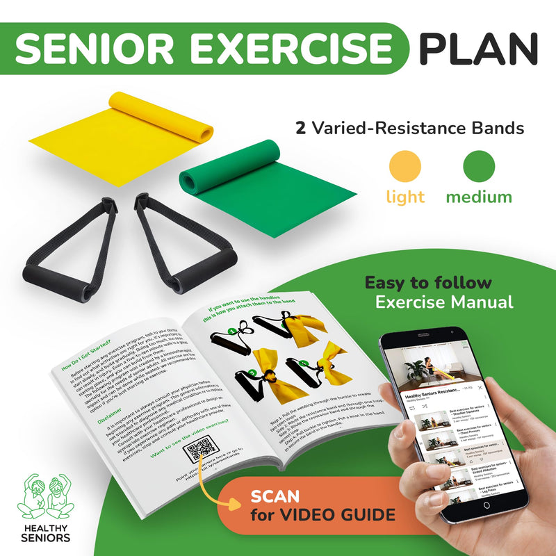 [Australia] - Chair Exercise Program with Two Resistance Bands, Handles and Printed Exercise Guide. Suitable for Rehab or Physical Therapy. Thoughtful Gift for Grandma or Grandpa 