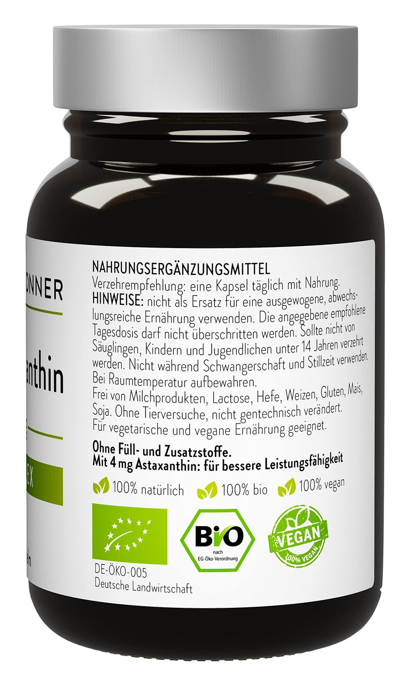 [Australia] - Dr. Heilbronner organic astaxanthin 4 mg capsules in a glass bottle I antioxidants from the vital alga Haematococcus Pluvialis I premium supplements carotenoid capsules vegan gluten-free and lactose-free 
