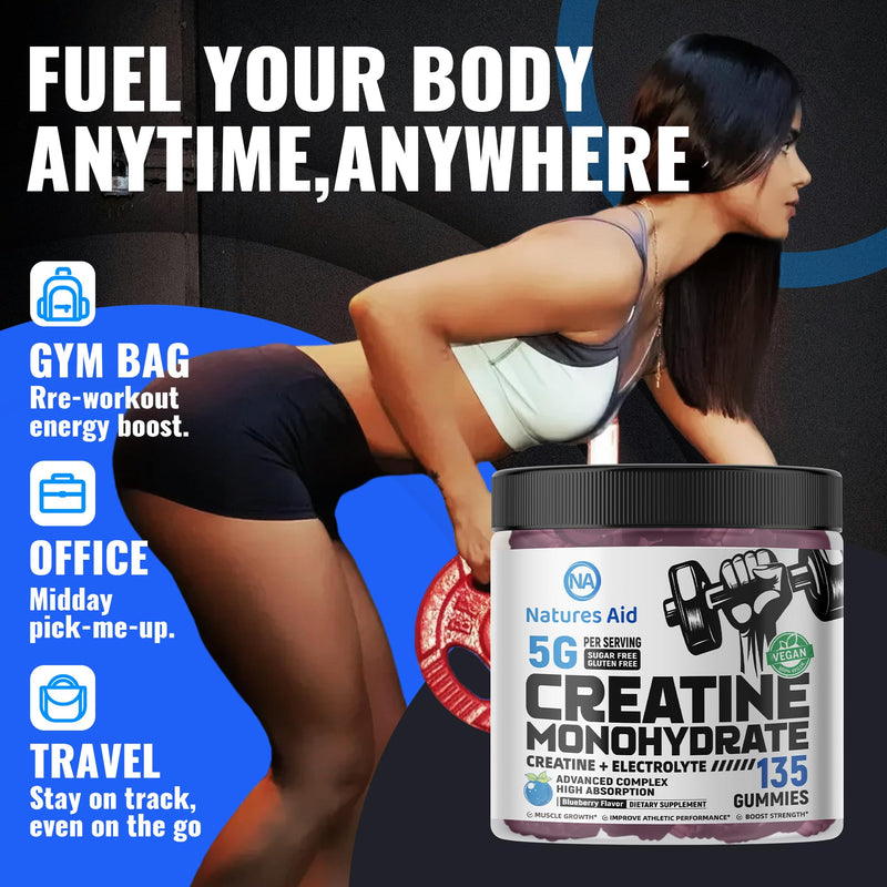 [Australia] - Creatine Monohydrate Gummies (5g) ‚Äì Pre-Workout Energy & Muscle Growth Support for Men & Women | Blueberry Electrolyte Gummies (135 Count) 135 Count (Pack of 1) 
