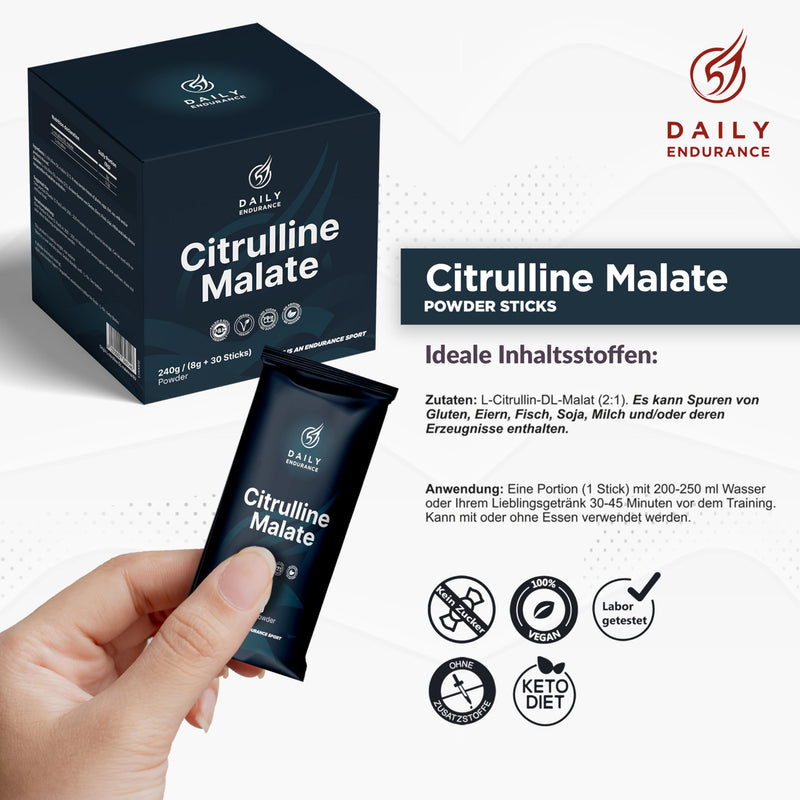 [Australia] - Daily Endurance - Citrulline Malate 2:1 Powder L-Citrulline High Dose - 30 Sticks 240g - Amino Acid Citrulline Malate Powder - Highest Purity - No Additives 