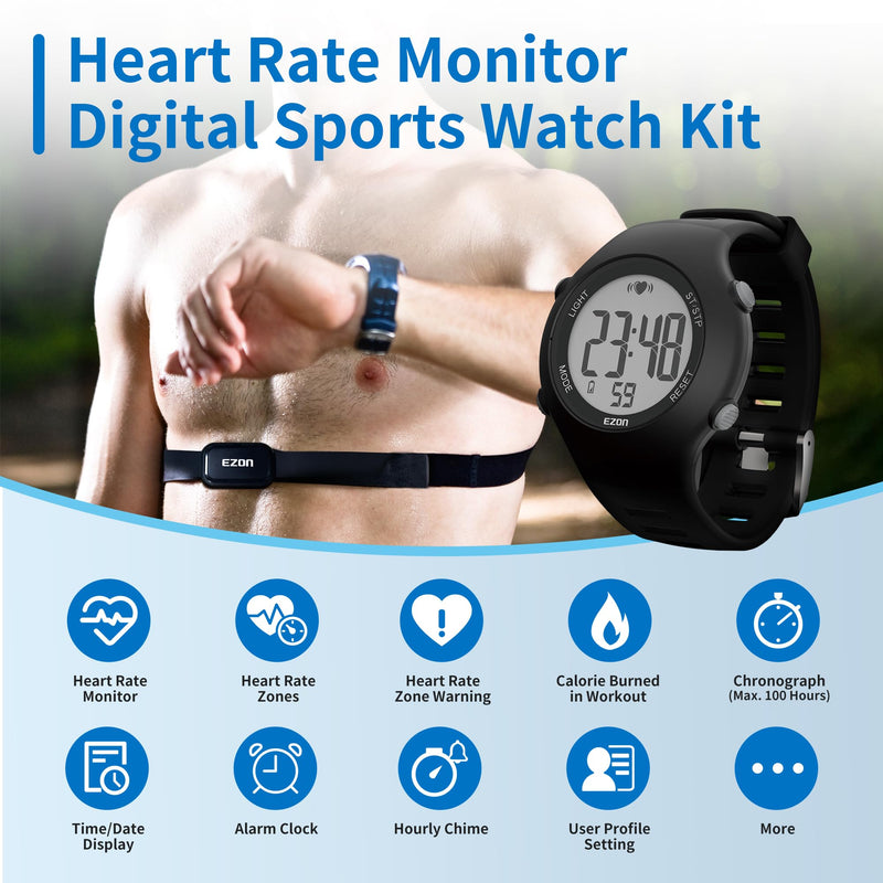 [Australia] - EZON Heart Rate Monitor Chest Strap and Digital Watch T037,5ATM Waterproof Fitness Tracker with HRM,Calories Burned,Stopwatch and Hourly Chime (Watch Band Included) 