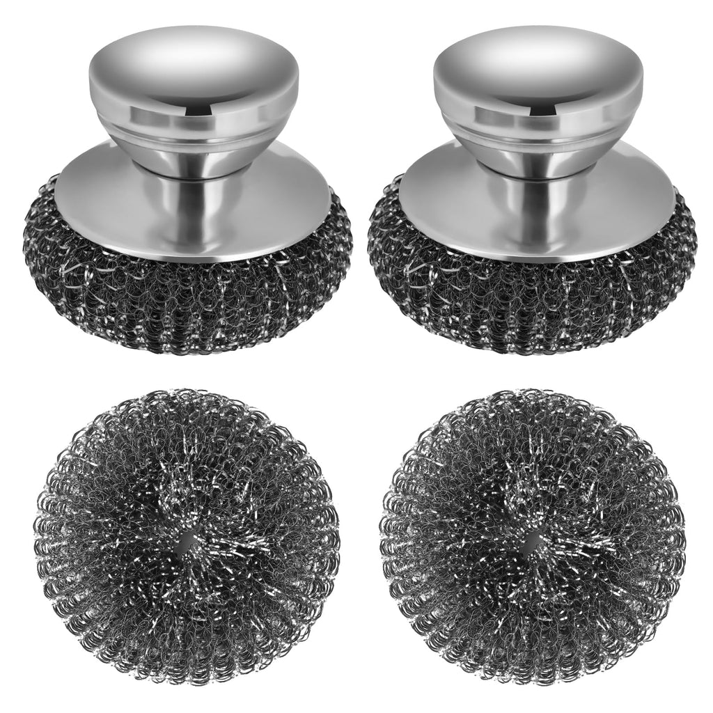 Onewly 2Pack Steel Wool Scrubber with 2 Replacement Wire Pads, Stainless Steel Scrubber with Stainless Steel Handle, for Cleaning Dishes, Cast Iron, Stock Pots, Pans, Griddles, Grills A