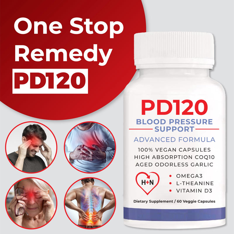 PD120 Blood Pressure Support Supplement | Heart Health | High Absorption CoQ10 Beet Root Garlic Extract Hawthorn Berry Omega-3 D3 Nitric Oxide | 2 Month Supply | 120 Veggie Caps