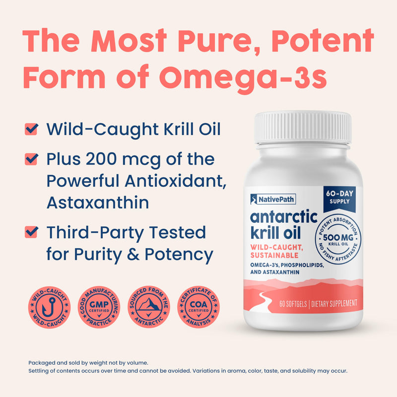 [Australia] - NativePath Antarctic Krill Oil - Wild-Caught Omega 3 Krill Oil 500mg Softgels with EPA, DHA and Astaxanthin - Omega 3 Supplement for Joint, Heart, Brain and Immunity - 60 ct - No Fishy Aftertaste 60 Count (Pack of 1) 