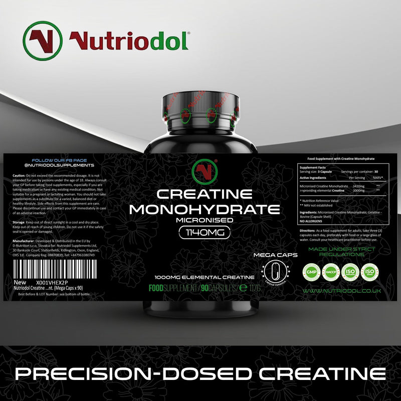 Creatine Monohydrate Mega Capsules – Pre Workout & Post Workout Supplement for Muscle Performance & Recovery – 1000mg Elemental Creatine Per Capsule – 3 Capsules Per Day (Mega Caps x 90)