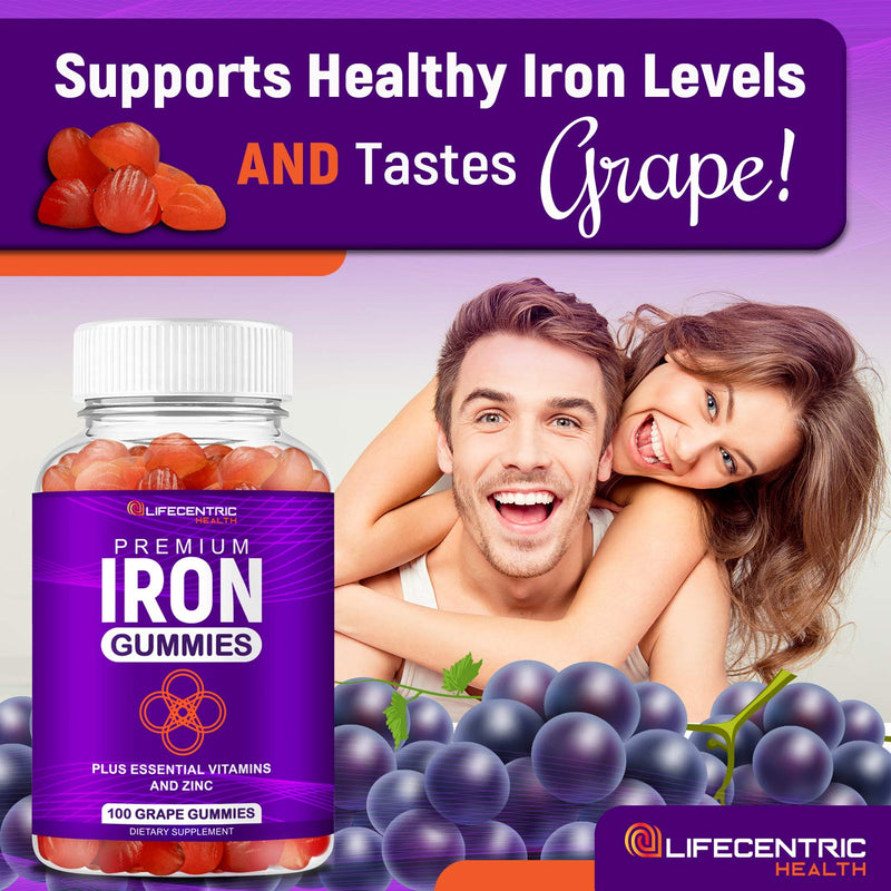 [Australia] - LifeCentricHealth Iron Gummies for Adults & Kids | Biotin Zinc Vitamin B Folic Acid Gummies | Vegan Gluten Free Blood Builder Anemia Supplements | Tasty Energy Boosting Iron Supplement for Women & Men 
