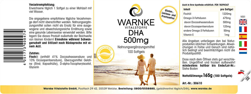 [Australia] - Warnke DHA 500mg from fish oil - 100 softgels - docosahexaenoic acid with eicosapentaenoic acid - omega-3 fatty acids - high dosage | Warnke vital substances - German pharmacy quality 