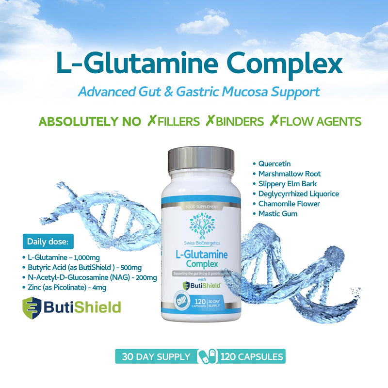 L-Glutamine Complex with Butyric Acid, Glucosamine (N-Acetyl-D), Marshmallow Root, Slippery Elm Bark, Liquorice Root, Chamomile Flower, Mastic Gum, Quercetin & Zinc - UK Made and No Artificial Nasties