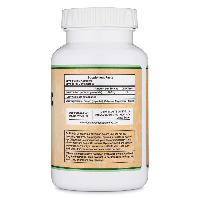 [Australia] - Hyaluronic Acid Supplements -180 Capsules (Enhances Effects of Hyaluronic Acid Serum for Face) 200mg Per Serving for Skin and Face Aging Support (Acido Hialuronico) Gluten Free by Double Wood 