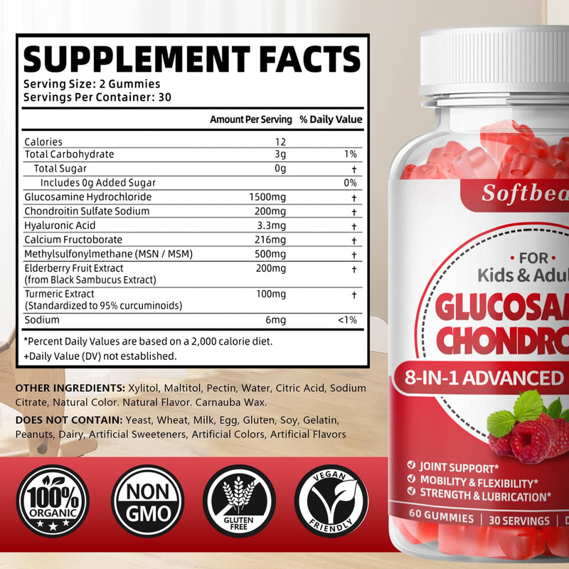 [Australia] - Glucosamine Chondroitin Gummies Sugar Free, Extra Strength Glucosamine Chondroitin Supplement for Natural Joint Support, Raspberry Flavored 60 Count 60 Count (Pack of 1) 