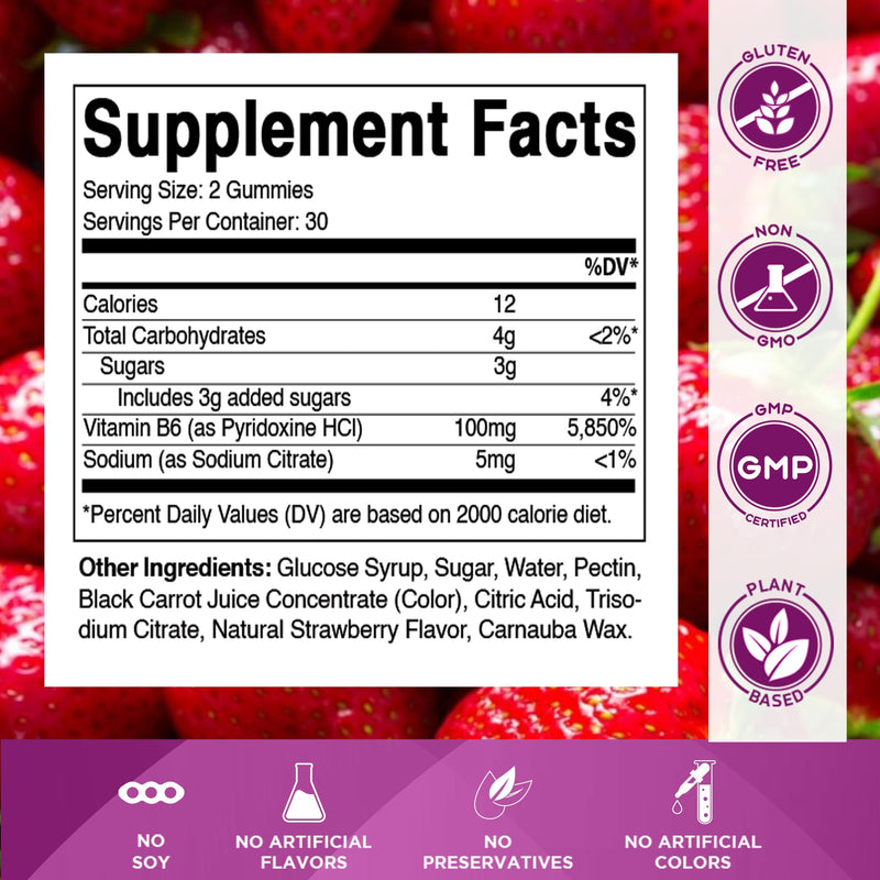 Vitamatic 2 Packs Vitamin B6 100mg Gummies – Natural Strawberry Flavor – 60 Pectin-Based Gummies per Bottle – Nervous System & Energy Support 120 Count (Pack of 1)