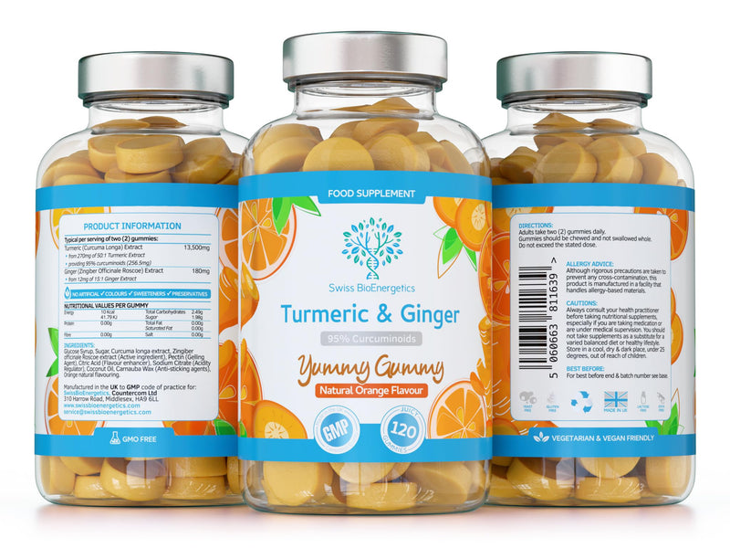 Turmeric Curcumin Gummies with Ginger - 120 Natural Orange Flavour Juicy Yummy Gummies – with a Huge 95% curcuminoids, Vegan & Gelatin Free – 2 Month Supply for Men, Women & Children – Made in the UK 120 Gummies
