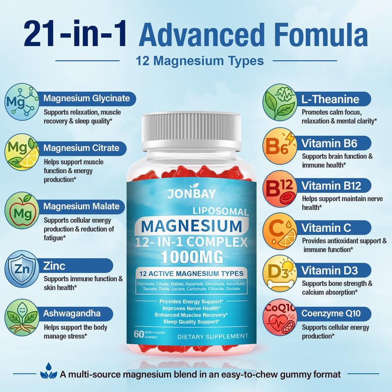 2 Pack 21-in-1 Liposomal 12 Active Magnesium Complex 1000mg Gummies - with Magnesium Glycinate,Citrate,Malte & Vitamin C - Magnesium Supplements for Supports Bone,Muscle,Relaxation & Sleep 60 count (Pack of 2)