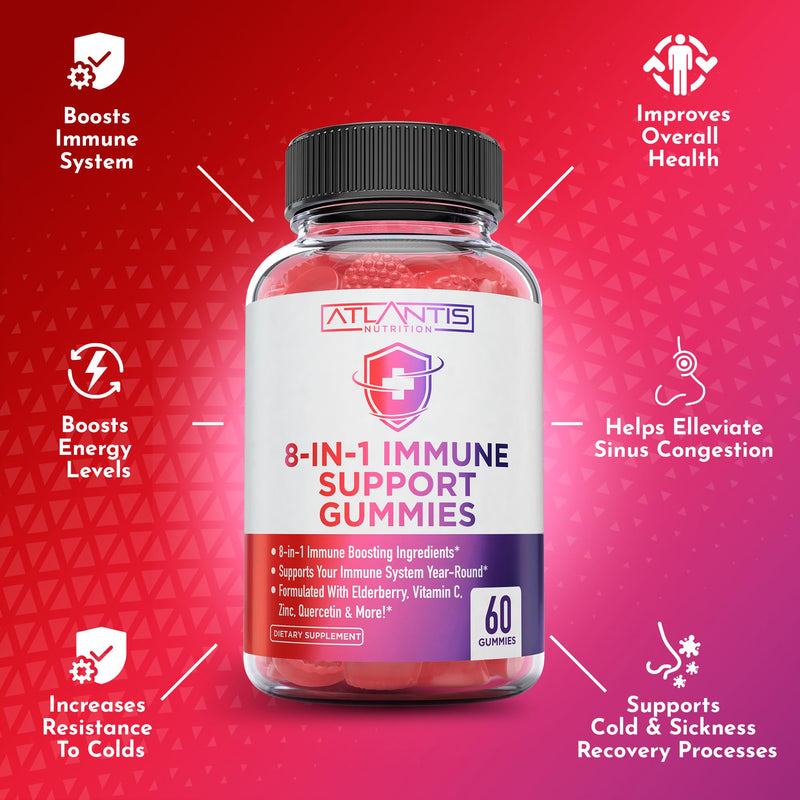 Atlantis Nutrition 8-in-1 Immune Support Gummies with Elderberry | Immune Supplement with Elderberry, Quercetin, Zinc, Vitamin C - Immunity Boosters for Adults & Kids - Delicious Flavor - 60 Count 60 Count (Pack of 1)