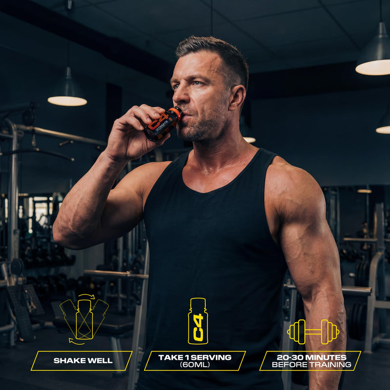 C4 Ultimate Pre-Workout Shot | Tutti Frutti Flavour Energy Shots, 12 x 60ml Bottles | Sugar Free Pre-Workout Shot with 200mg Caffeine, 2000mg L-Citrulline, 2000mg Beta Alanine, 800mg Betaine