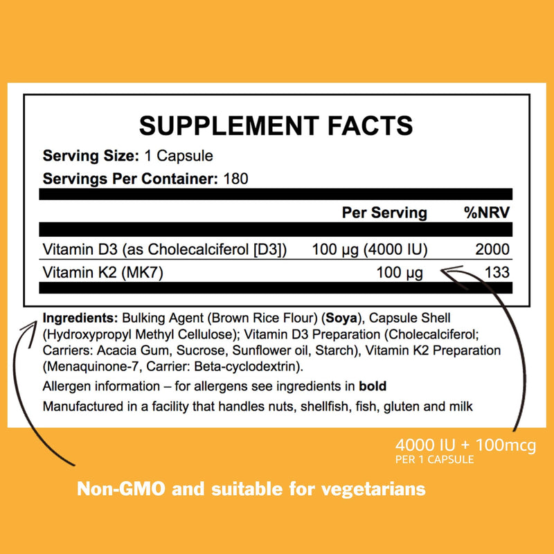ICON Nutrition Vitamin K2 D3 Supplement, Vitamin D3 4000 IU and K2 Vitamin 100μg MK7 Capsules, Vegetarian Supplement, High Strength, Bone & Immune Health - 180 Count (6 Month Supply)