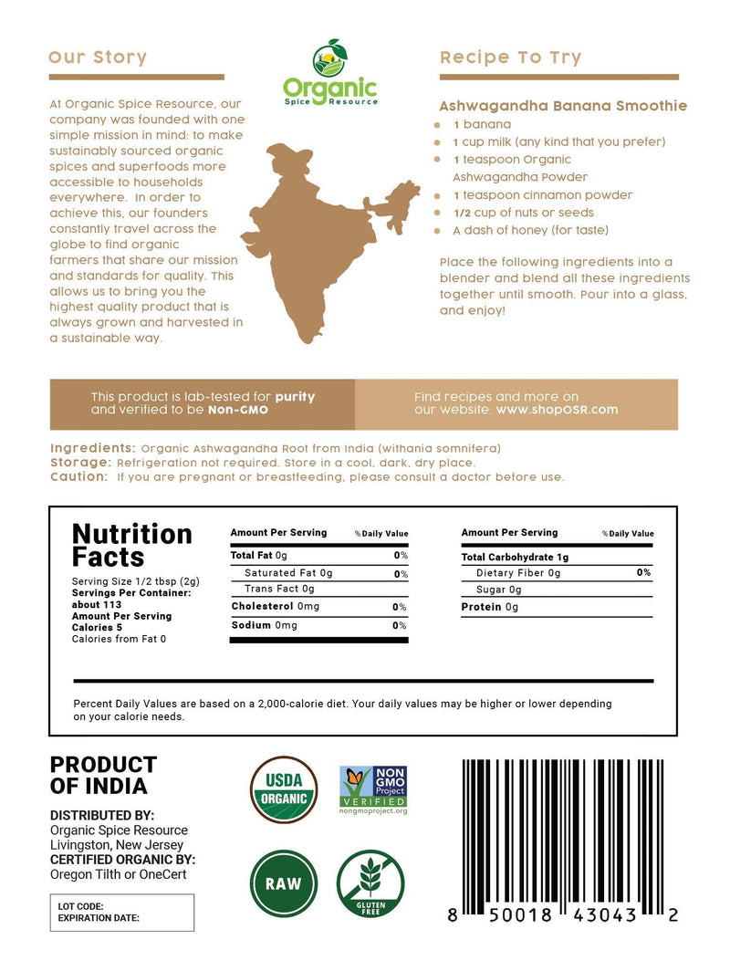[Australia] - Organic Ashwagandha Root Powder -8 Ounce | Lab Tested for Purity | Resealable Kraft Bag,Non-GMO, Indian Ginseng, Withania Somnifera -100% Raw from India, by SHOPOSR (8 oz) 8 Ounce (Pack of 1) 