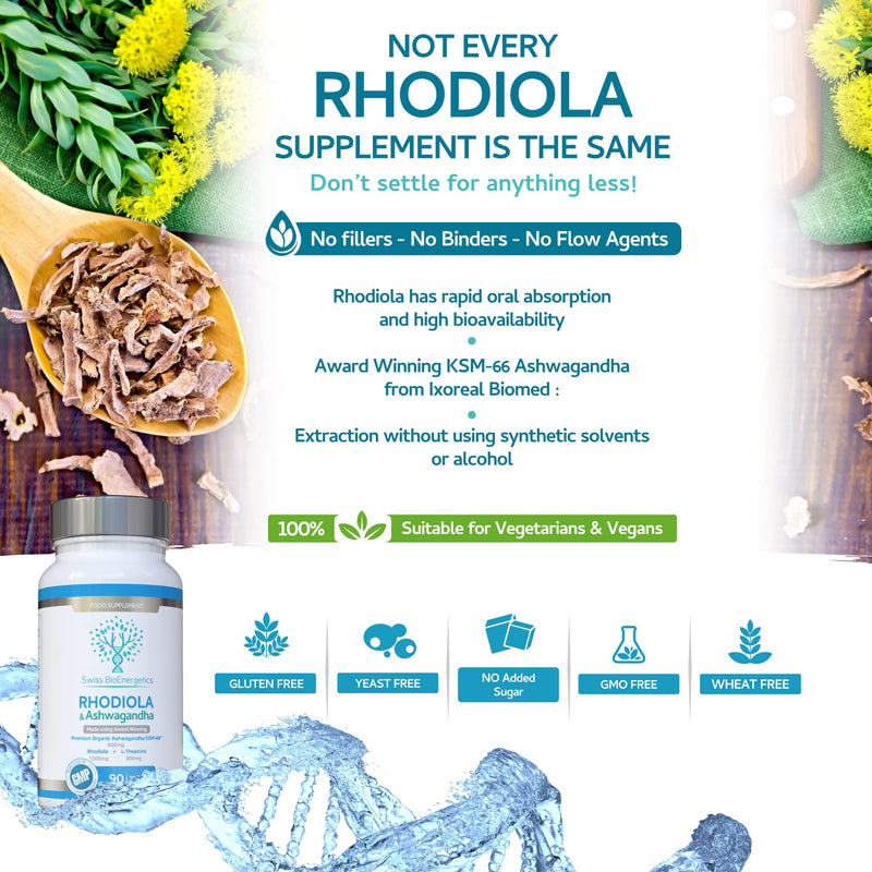 Rhodiola & Ashwagandha with L-Theanine - Award Winning Ashwagandha KSM-66 600mg & 1500mg Rhodiola - Whole Root Equivalent- adaptogen Combo- No Artificial fillers- UK Made