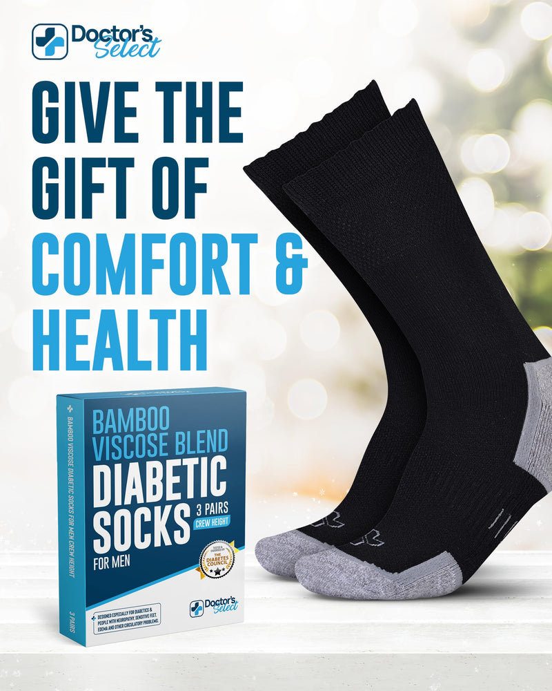 [Australia] - Doctor's Select Bamboo Viscose Diabetic Socks for Men - 3 Pairs Crew Mens Diabetic Socks Black - 3 Pairs Large 