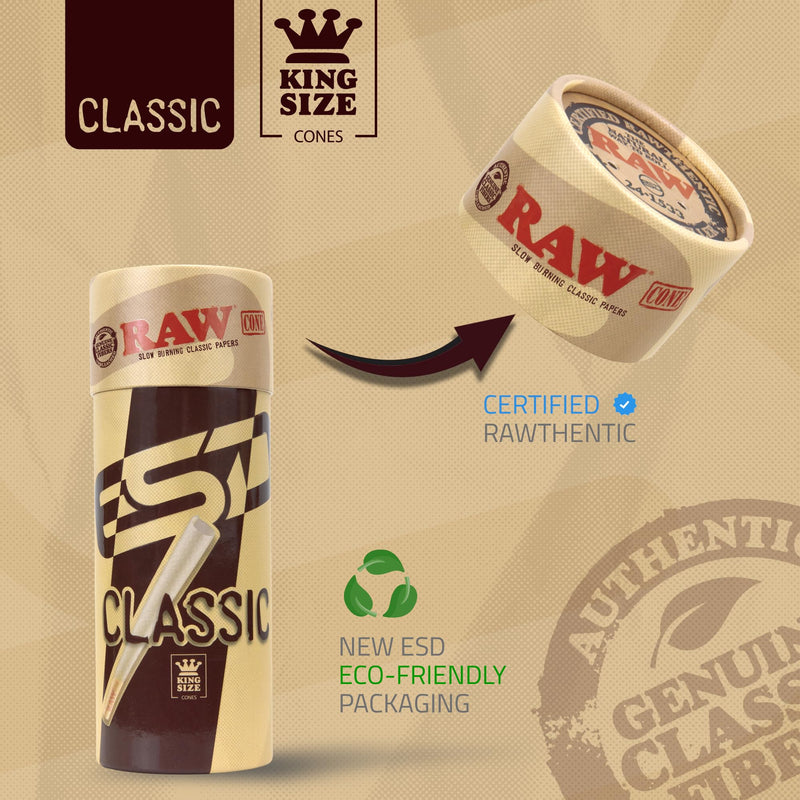 [Australia] - RAW Cones Classic King Size | 100 Pack | Natural Pre Rolled Paper with Tips and Packing Tubes Included 