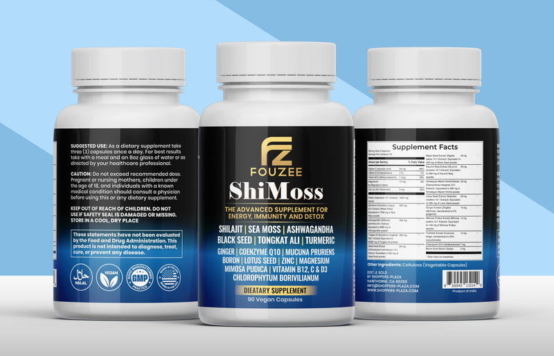 ShiMoss Supplement w/Shilajit 1000mg, Sea Moss 7000mg, Ashwagandha 9000mg, Tongkat Ali 90000 mg, Vitamin C, B12, Boron, Turmeric, Ginger - Immunity Dietary Capsule for Men & Women - 90 Count
