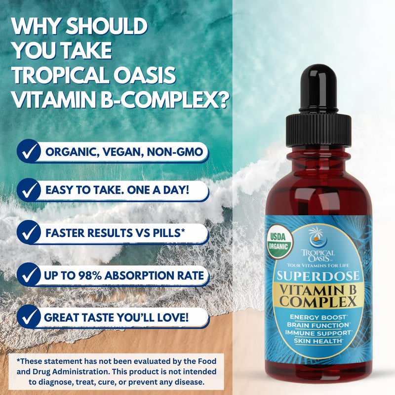 Superdose Organic Vitamin B Complex Liquid Drops | 125,000% DV Vitamin B12, B6, Biotin, Niacin, Folate | Energy, Brain Health, Immune Support | USDA Organic, Vegan, Non-GMO | 60 Serv, 2 Mo. Supply 2 Fl Oz (Pack of 1)