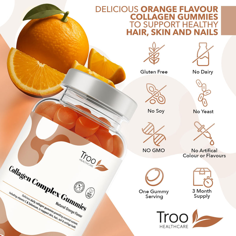Troo Health Care Collagen Complex - 90 Natural Orange Gummies - One Per Day Hydrolysed Collagen with Biotin, Vitamin C & Selenium - Three Months Supply – Healthy Skin & Hair for Men & Women 90 count (Pack of 1)