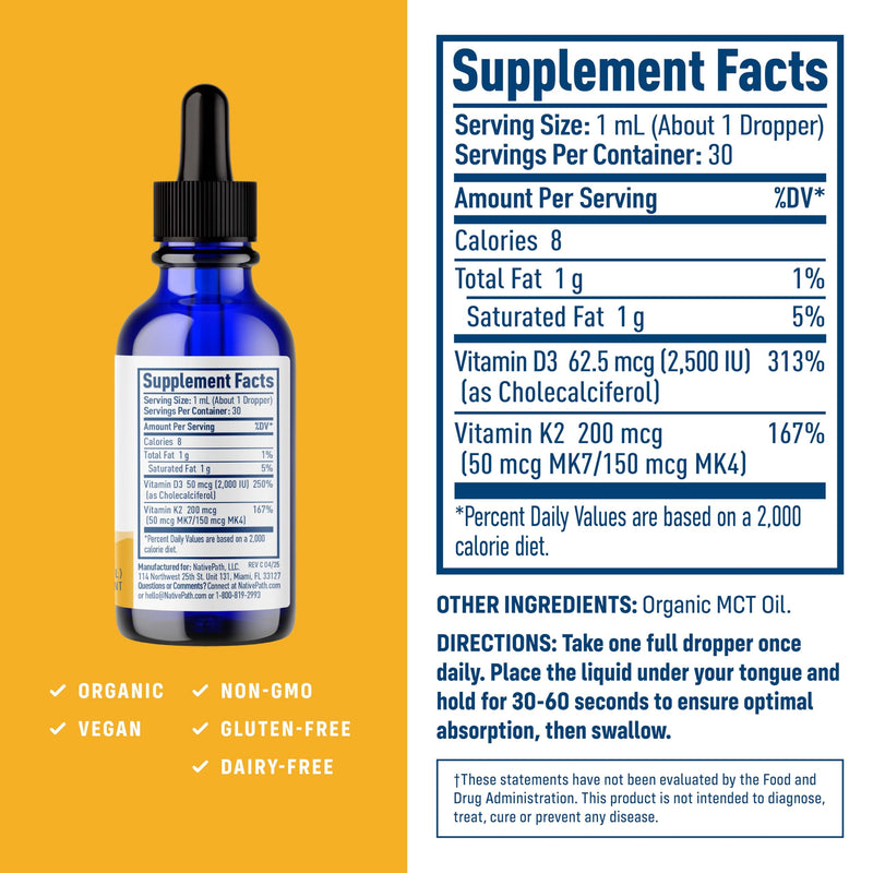 NativePath D3K2 Tincture – 2000IU Vitamin D3 and Vitamin K2 Supplement with Organic MCT Oil – 1 Fluid Ounce – Rapid Bioavailability Multi-Vitamin for Bone Strength and Total Body Wellness, 30 Servings