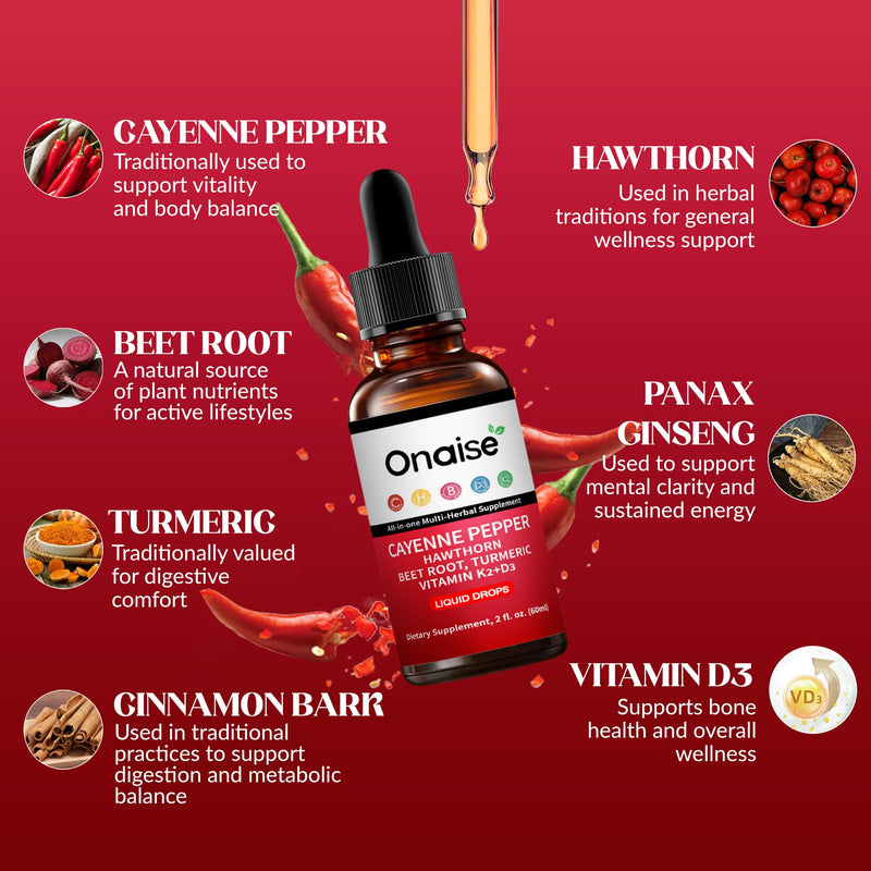 [Australia] - Cayenne Pepper Drops,2 Pack Cayenne Supplement with Hawthorn Berry, Vitamin D3 K2 Beet Root Powder, Ceylon Cinnamon, Turmeric Curcumin, Organic Panax Ginseng, Berberine Extract 