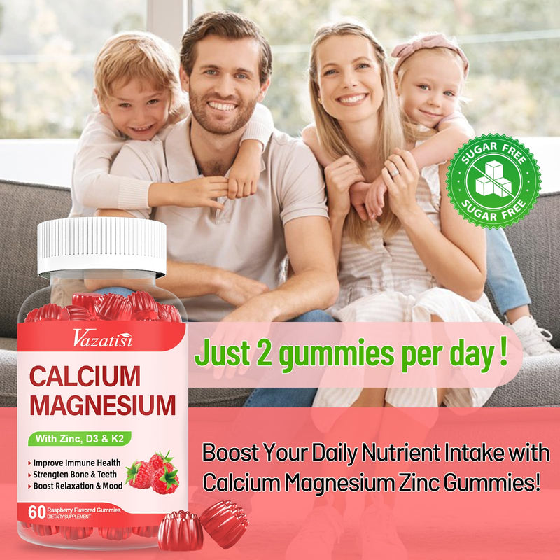 Calcium Magnesium Zinc Gummies with Vitamin D3 & K2, High Absorption Magnesium Glycinate Potassium for Immune and Calm Mood, Raspberry Flavor 120 Gummies 60 Count (Pack of 2)