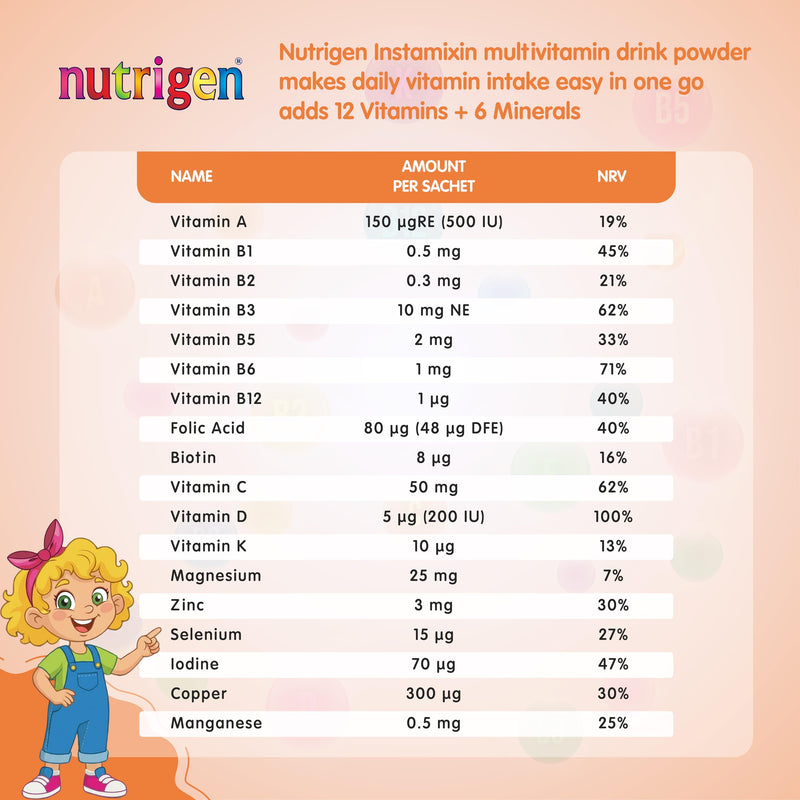 Nutrigen Instamixin unflavoured multivitamin Drink Powder for Children to add Vitamins Instantly to Any Drink. 12 Vitamins + 6 Minerals in a Sachet Making Daily Vitamin Intake Easy, 30 sachets