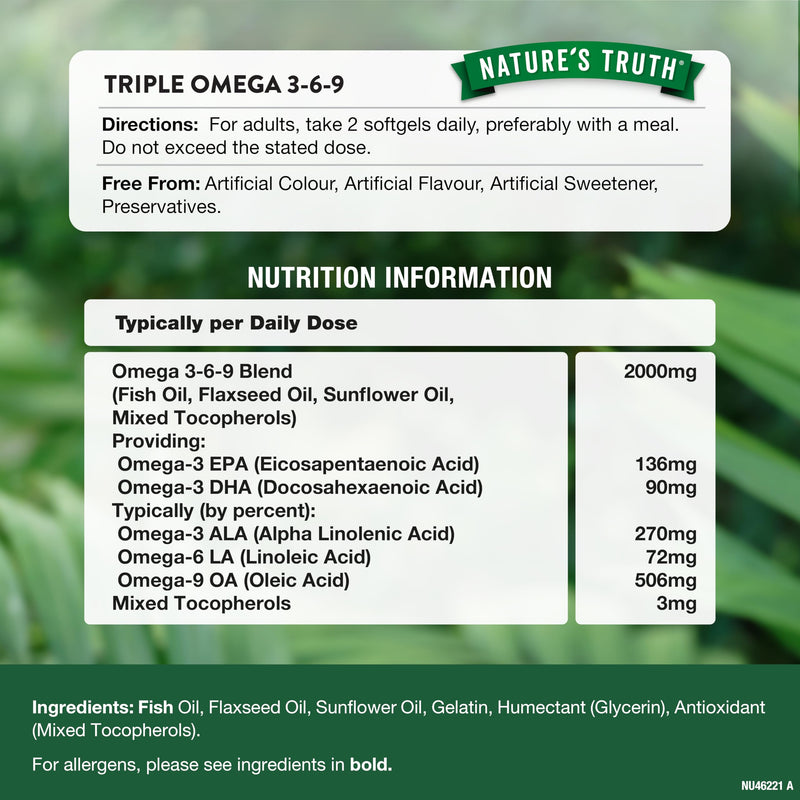 Triple Omega 3 6 9 Capsules 2000mg | High Strength DHA & EPA | Fish, Flax and Sunflower Oil | Fatty Acid Supplement | 60 Softgels | Nature's Truth
