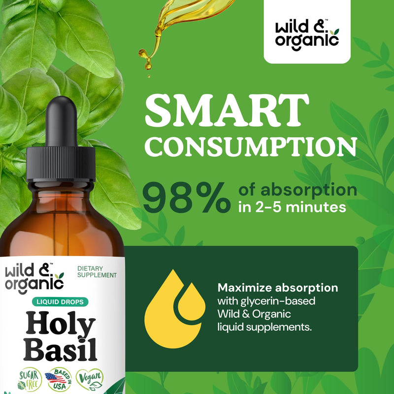 [Australia] - Wild & Organic Holy Basil Tincture - Relaxation & Calmness Support - Liquid Holy Basil Leaf Supplement - Tulsi Drops - Vegan, Sugar & Alcohol-Free Extract - 4 fl oz 4 Fl Oz (Pack of 1) 