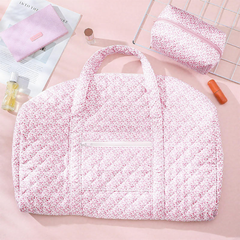 2 Pack Floral Travel Duffel Bag Large Quilted Travel Duffle Bag and Floral Makeup Pouch Portable Gym Lightweight Weekender Organizer with Zipper Pockets Grocery Pouch for Women(Pink) Pink