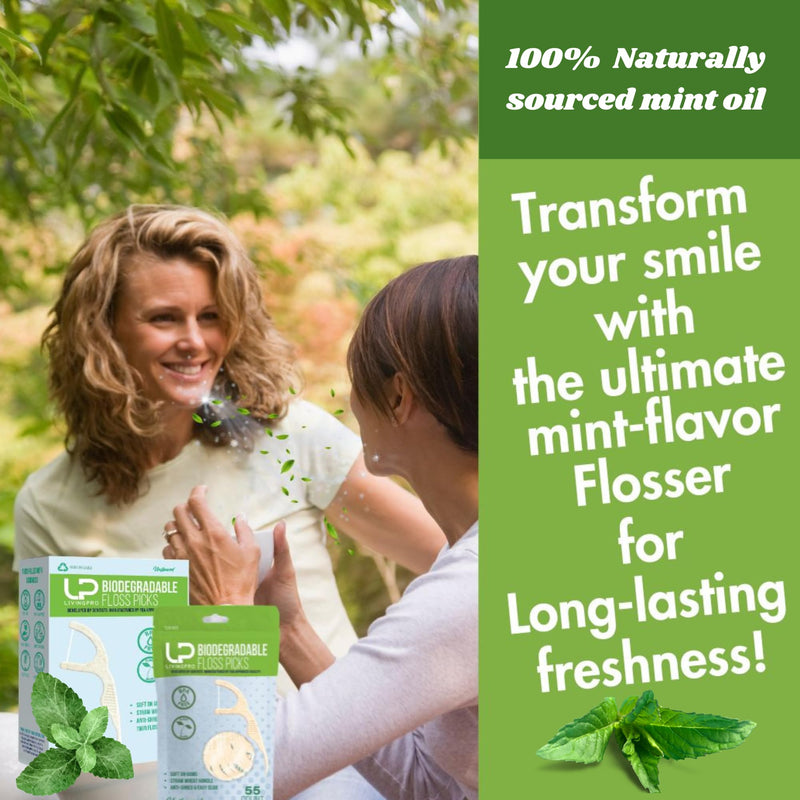 [Australia] - Twin Line Biodegradable Floss Picks (220 Count) - Compostable Tooth Flossers Minty Fresh-Double Thread 2X The Clean | Bonus Travel Case | Thing Thread Glide Easy & Shred-Resistant Mint- Double Thread 