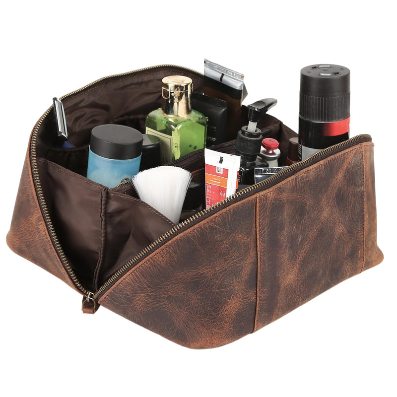 KomalC Luxury Leather Men’s Toiletry Travel Bag – Handmade Shaving Kit with Waterproof Interior, Spacious Storage & Carry Handle – leather travel Kit Bag for Men & Women (Dark Brown) Dark Brown