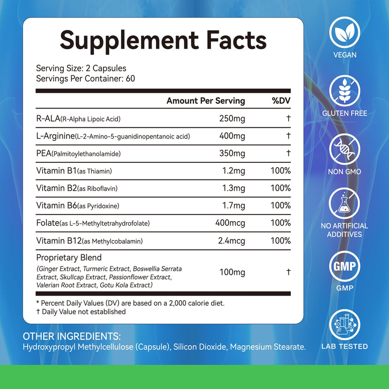 Sciatic Nerve Supplement | 15-in-1 Sciatica Ease Formula with R-Alpha Lipoic Acid, Pea, L-Arginine & B-Vitamins | Antioxidant & Nervous System Health | Vegan, Non-GMO, 120 Capsules