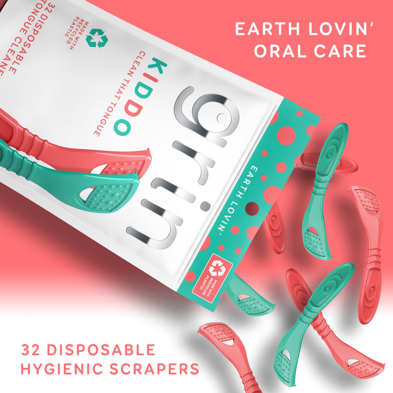 [Australia] - GRIN Kiddo Tongue Cleaner, 32 Count, Disposable Tongue Cleaner, Hygienic Scraper, Jumbo Grip, Recycled Plastic, Keep Kiddos Healthy, Promote Fresh Breath 32 Foot (Pack of 1) 