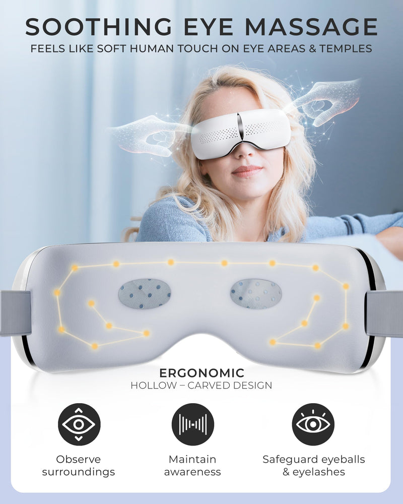 [Australia] - Premium Eye Massager with Heat & Cooling Gel Mask Heated Eye Massager for Migraine w Bluetooth & White Noise Massaging Mask for Tension & Stress Relief, Birthday Gift 