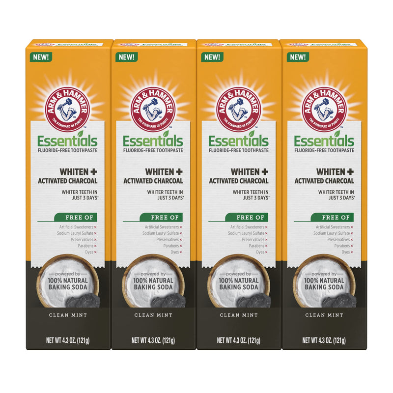 ARM & HAMMER Essentials Fluoride-Free Toothpaste Whiten + Activated Charcoal-4 Pack of 4.3oz Tubes, Clean Mint- 100% Natural Baking Soda & Essentials Charcoal Deodorant 4-Pack