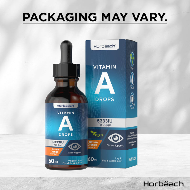 Vitamin A Drops 5333IU | 60 mL | High Strength Vitamin A as Retinol Palmitate | Vegan Liquid Oral Supplement for Adults | Orange Flavour | By Horbaach